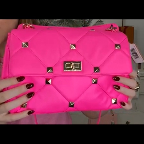 Neon Pink with Gold Studded Handbag - Picture 2 of 2